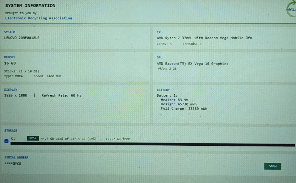 Lenovo ThinkPad E595 AMD Ryzen 7 3700U 16GB RAM 256GB SSD