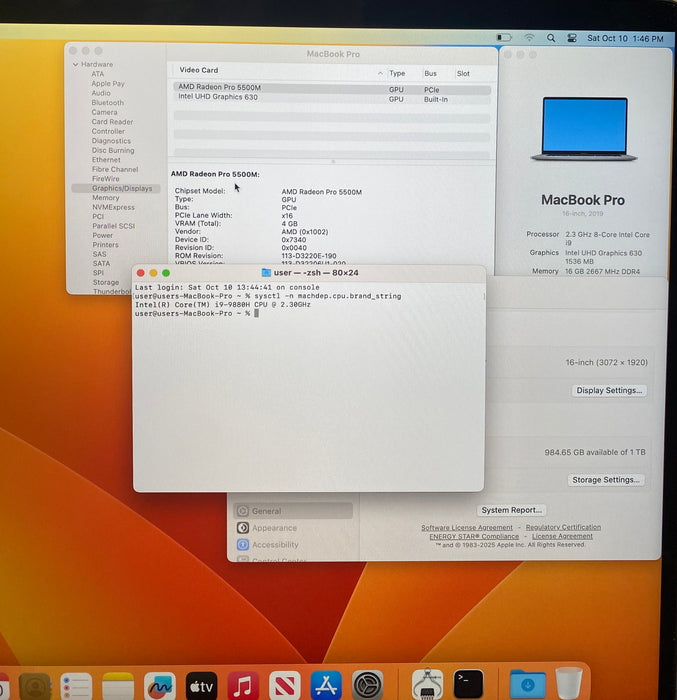Apple MacBook Pro 16" 2019 i9-9880H Radeon Pro 5500M GPU 16GB RAM 1TB SSD READ!