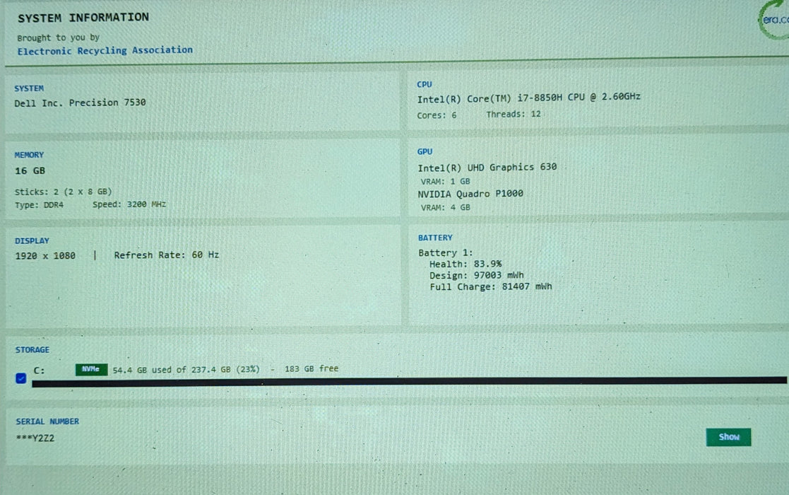 Dell Precision 7530 Core i7-8850H 2.6GHz QUADRO P1000 4GB GPU 16GB RAM 256GB SSD