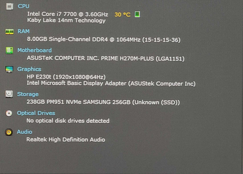 Custom PC/ASUS PRIME H270M-PLUS, i7-7700 3.60GHz, 8GB DDR4, 256GB NVMe, READ
