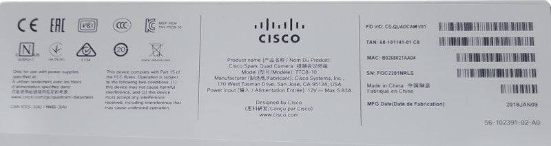 Cisco Spark Quad Webex Camera TTC8-10 CS-QUADCAM with Power adapter _