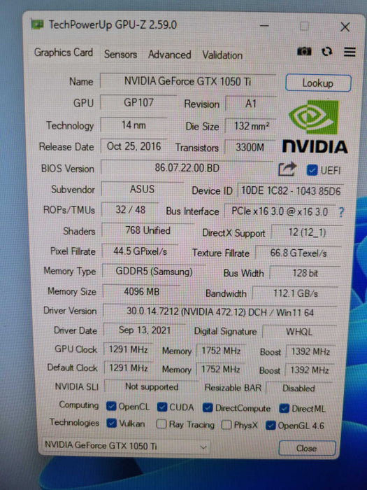 ASUS NVIDIA GTX 1050 Ti 4GB PCIE %
