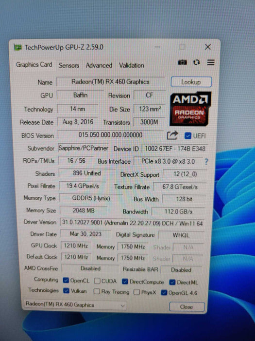 SAPPHIRE AMD RX460 2GB PCIE %