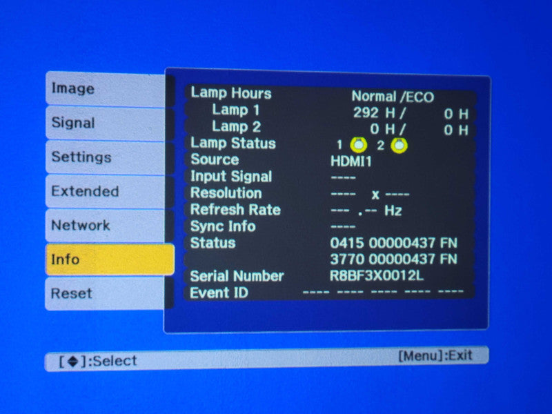 Epson PowerLite Pro Z8450WU H462A 3LCD Projector, Lamp1/Lamp2 292/0 Hours SEE _