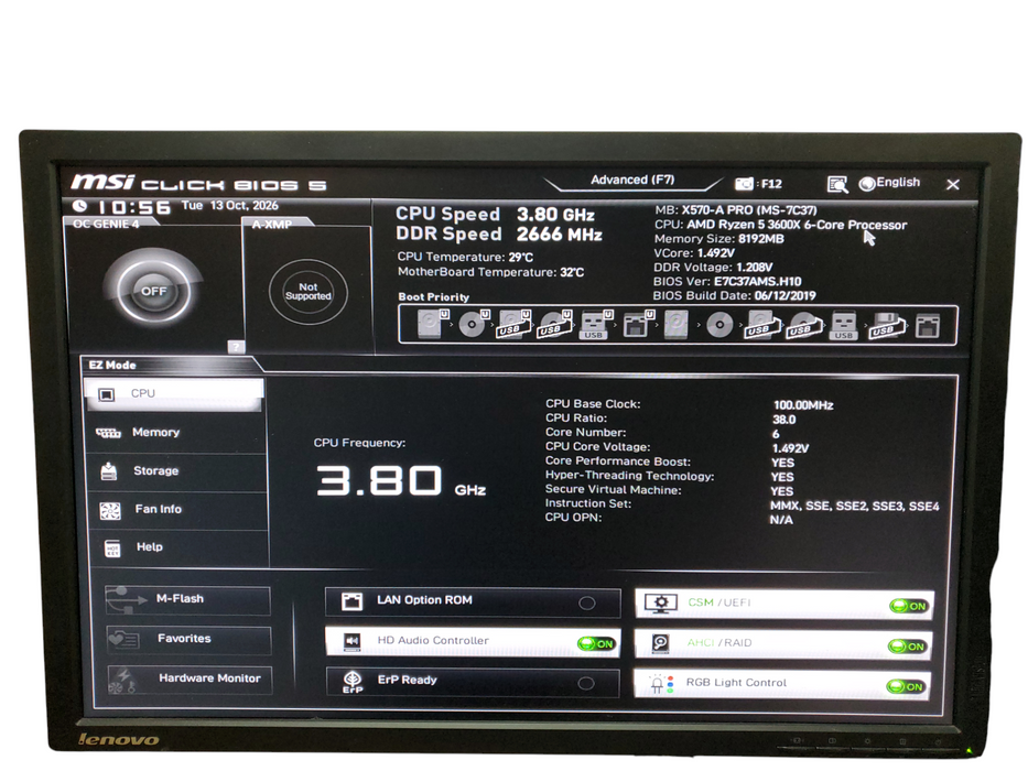 Custom PC Tower, MSI X570-A Pro, Ryzen 5 3600X, 8GB PC4, No HDD/OS