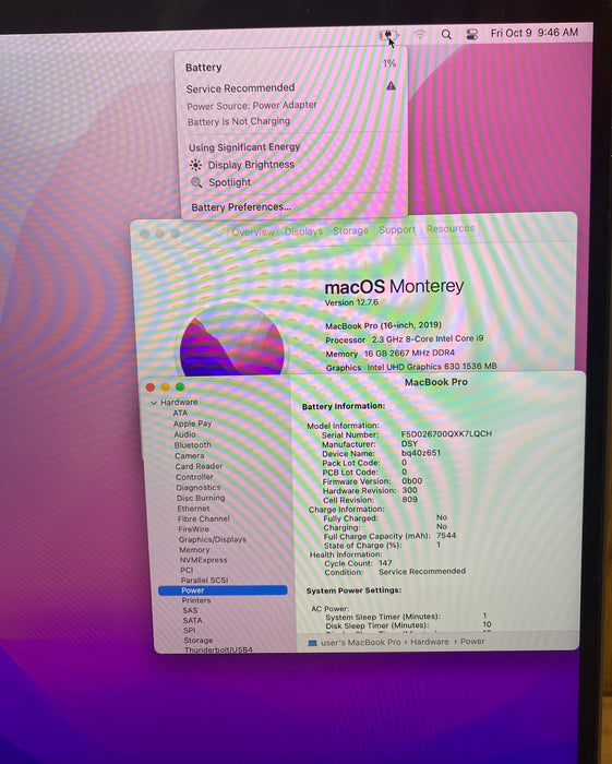 Apple MacBook Pro 16" 2019 i9-9880H 16GB 1TB Faulty Battery For Parts/Repair