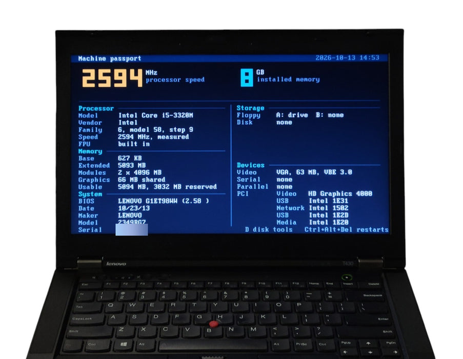Lenovo ThinkPad T430 2349RG7 - Intel Core i5-3320M 2.60GHz 8GB RAM No HDD