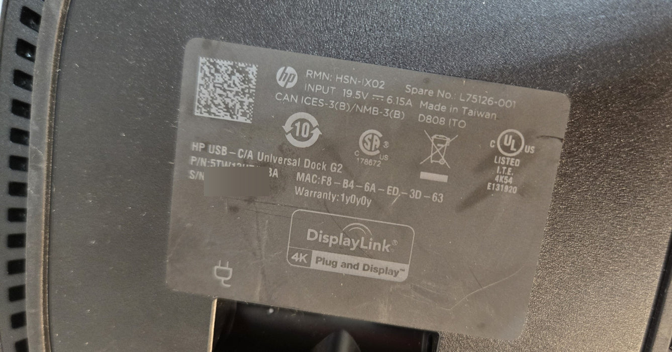 HP USB-C/A Universal Dock G2 HSN-IX02 - With 120W AC Power Adapter