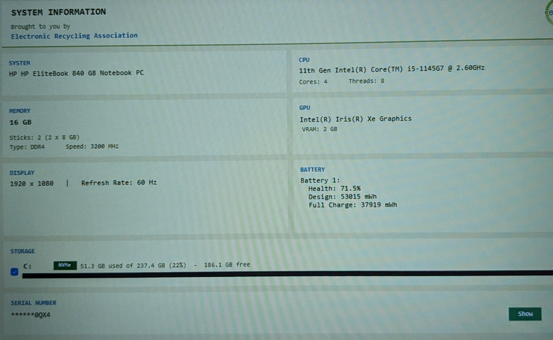 HP EliteBook 840 G8 Intel Core i5-1145G7 2.60GHz 16GB RAM 256GB SSD READ