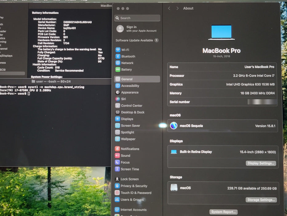 Apple MacBook Pro 15" 2018 1990 i7-8750H 16GB RAM 256GB SSD Serve Battery NO AC