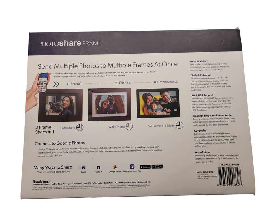 Brookstone PhotoShare 10.1” Smart Digital Picture Frame Premium Espresso WIFI