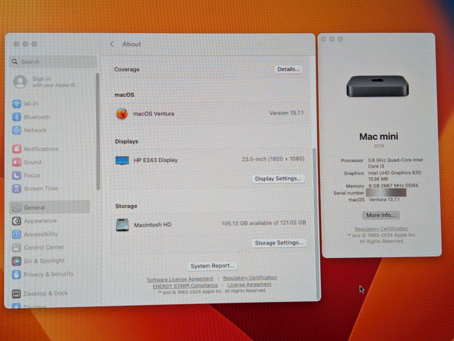 Apple Mac mini 2018 A1993 - Core i3-8100B 3.6GHz 8GB RAM 128GB SSD