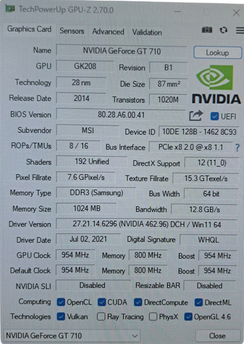 MSI GeForce GT 710 1GD3H LPV1 1GB DDR3 Graphics Card HDMI DVI VGA