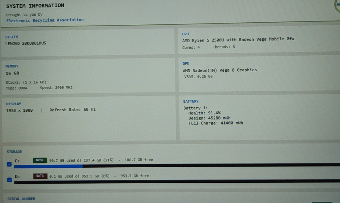 Lenovo E485 Thinkpad Ryzen 5 2500U 2.0GHz 16GB Ram 256GB+1TB SSD READ