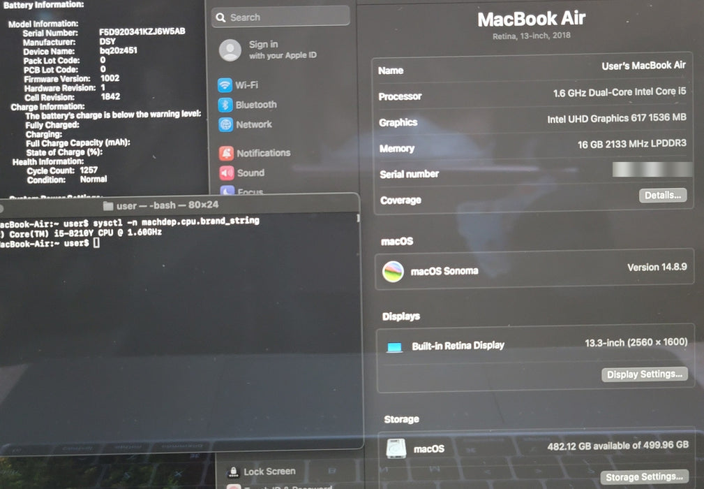 Apple MacBook Air 13" 1932 2018 i5-8210Y 1.6GHz 16GB RAM 500GB SSD NO AC