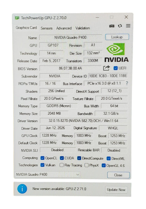 NVIDIA Quadro P400 2GB GDDR5 - Full Height Bracket