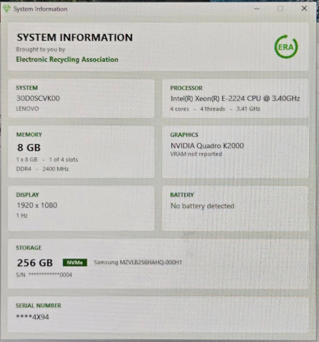 Lenovo ThinkStation P330 - Xeon E-2224 3.4GHz 8GB RAM 256GB NVMe Quadro K2000