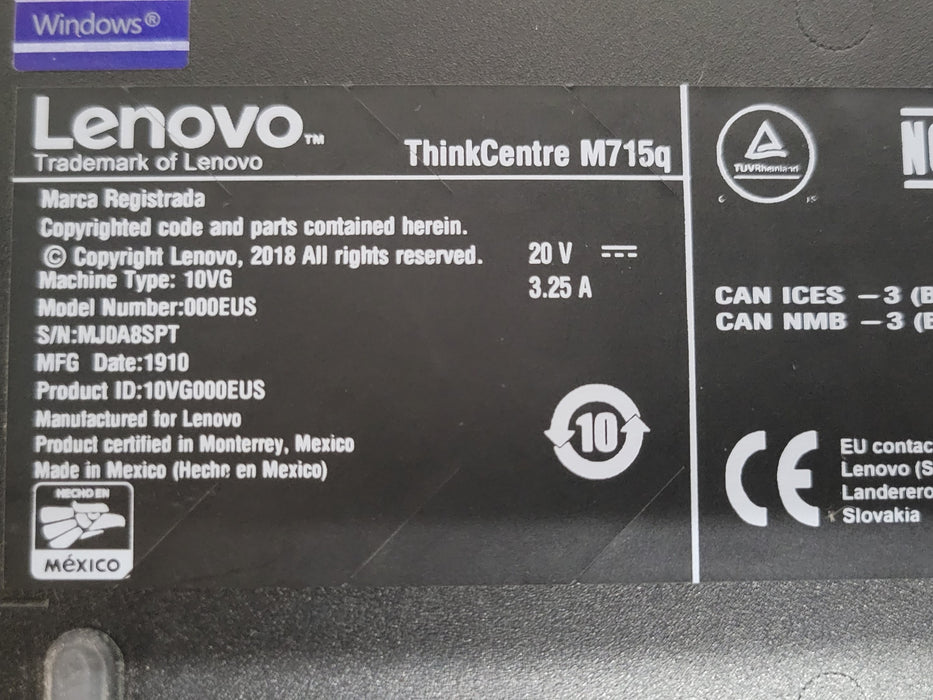 Lenovo ThinkCentre M715q 2nd Gen, Ryzen 3 PRO 2200GE, 8GB, 240GB SSD, Wi-Fi, SEE