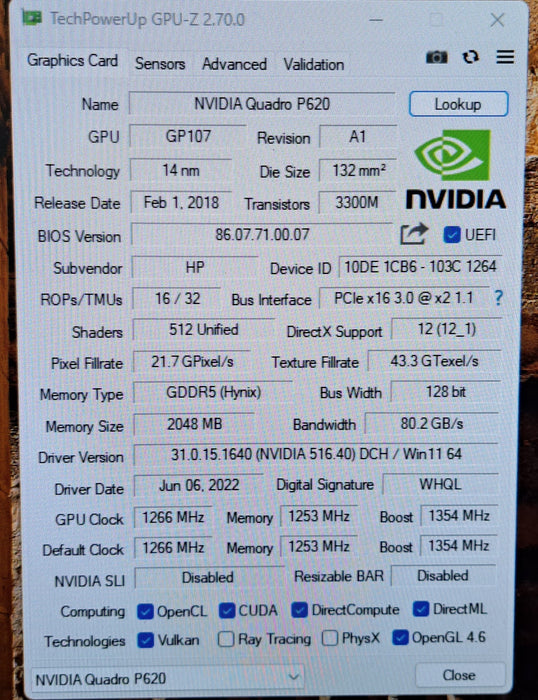NVIDIA Quadro P620 2GB GDDR5 Low Profile Graphics Card
