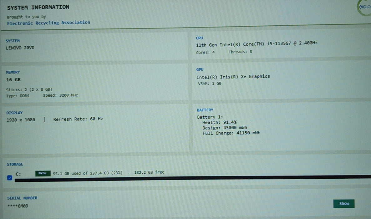 Lenovo ThinkBook 14 G2 ITL Core i5-1135G7 2.40GHz 16GB RAM 256GB SSD READ