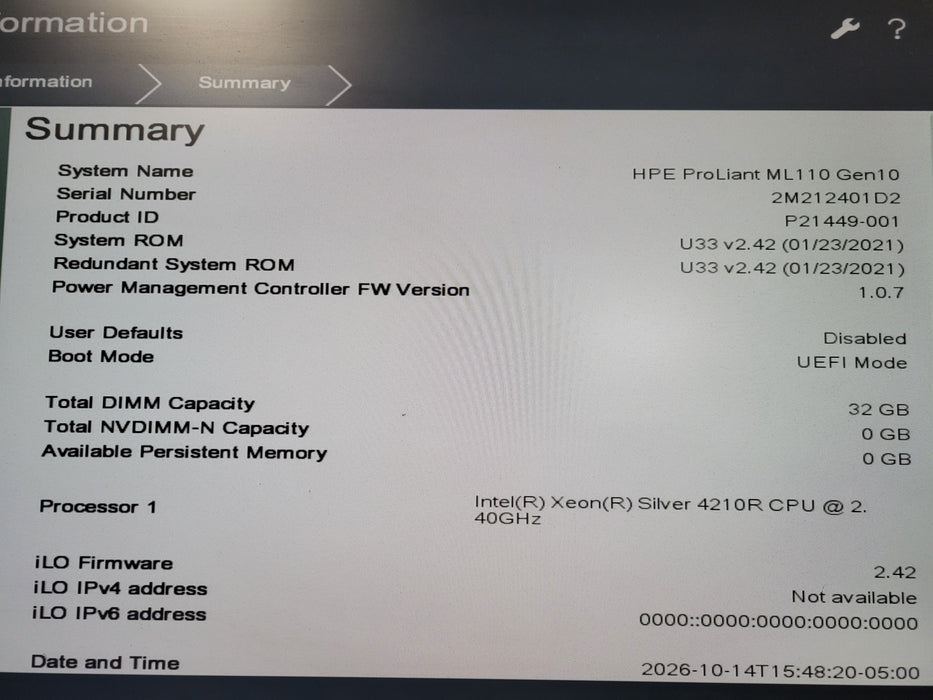 HPE ProLiant ML110 Gen10 8x2.5", Xeon Silver 4210R, 32GB DDR4, P408i-p SR Gen10