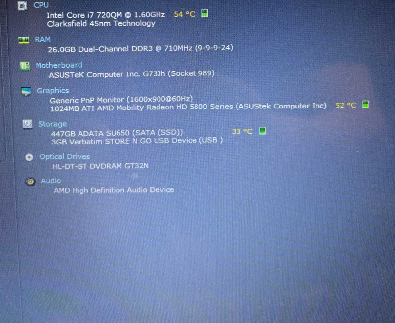 Asus ROG G73J i7-Q720Q Radeon HD5800 26GB RAM 480SSD No Battery READ!