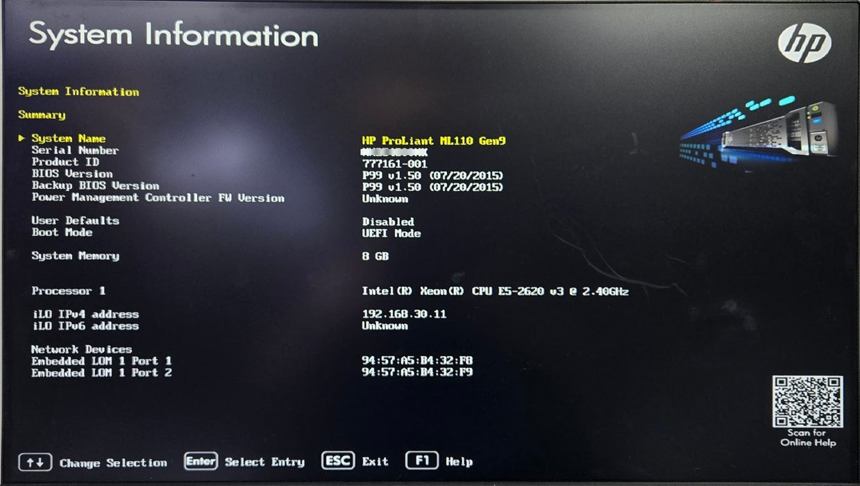 HP ProLiant ML110 Gen9 - Xeon E5-2620 v3 2.40GHz 8GB RAM B140i Tower Server