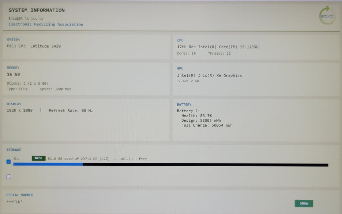 Dell Latitude 5430 i5-1235U 16GB RAM 256GB NVMe SSD FHD READ