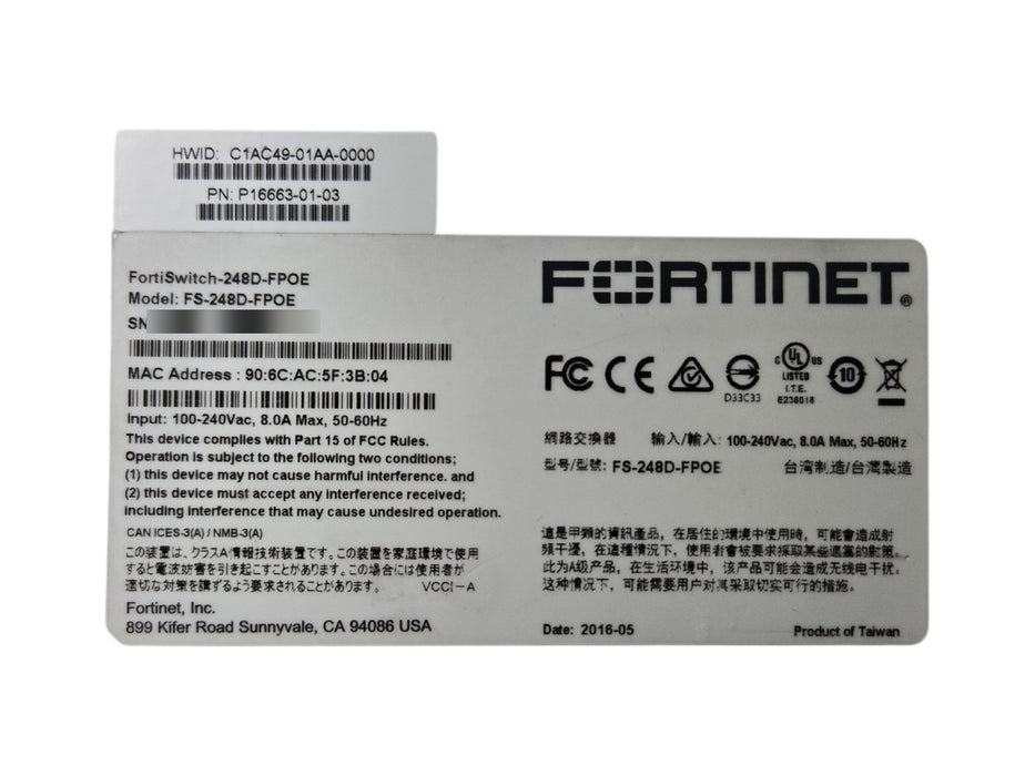 Fortinet FortiSwitch-248D-FPOE - 48-Port PoE+ Gigabit 4x SFP Switch