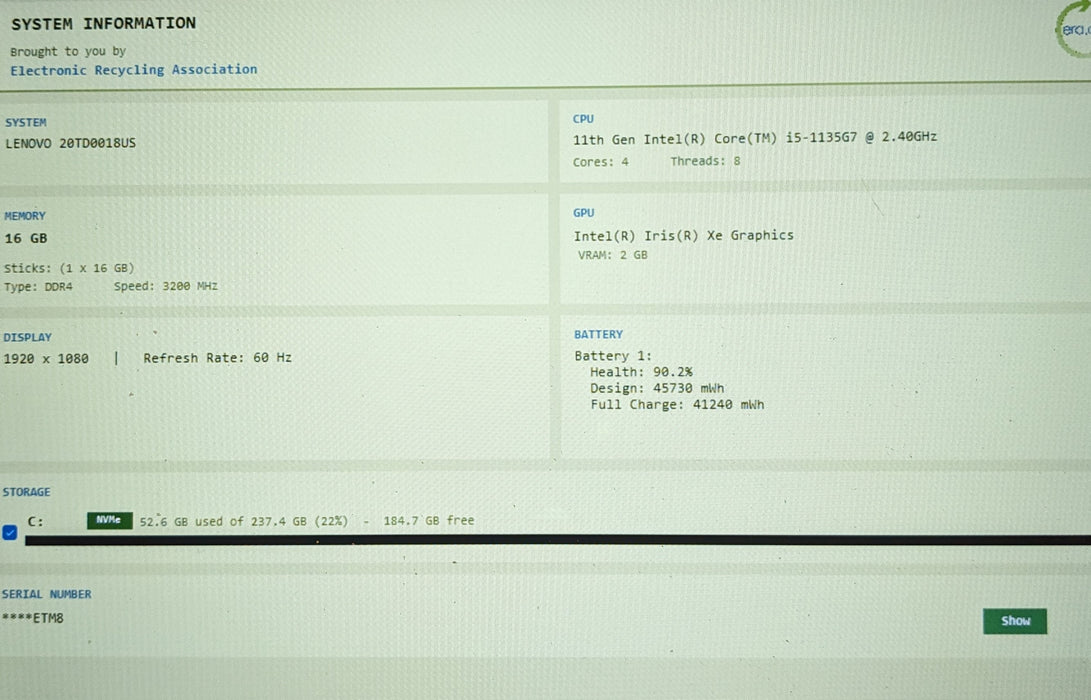 Lenovo ThinkPad E15 Gen 2 i5-1135G7 16GB DDR4 256GB NVMe