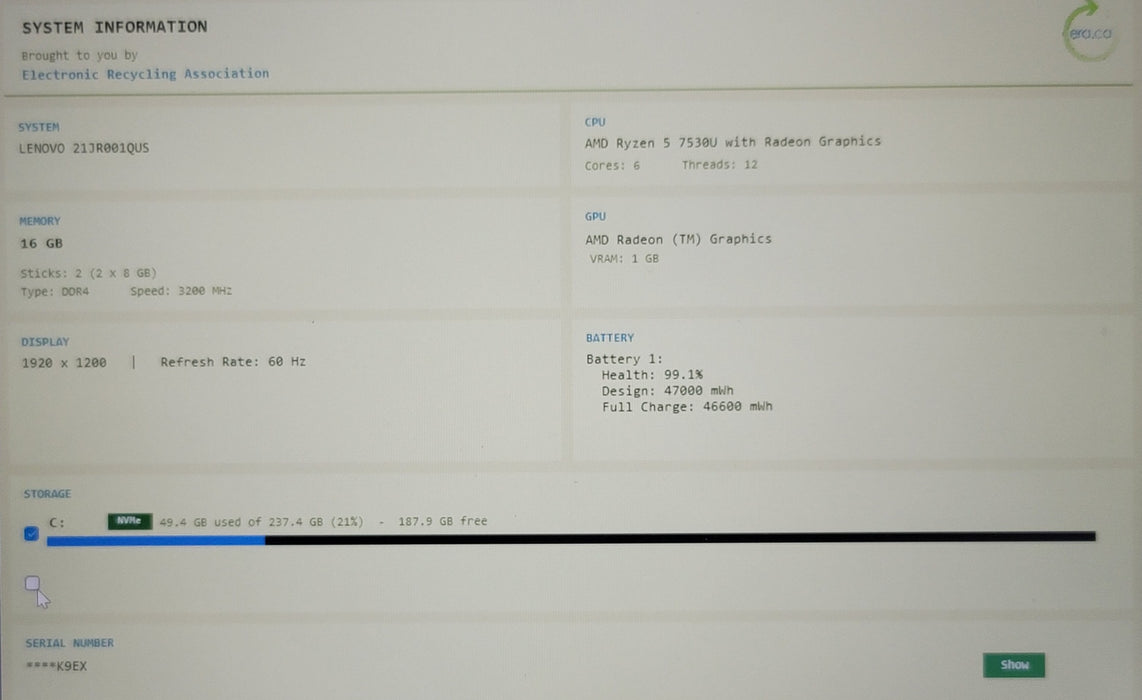 Lenovo ThinkPad E14 Gen 5 Ryzen 5 7530U 16GB DDR4 256GB NVMe READ