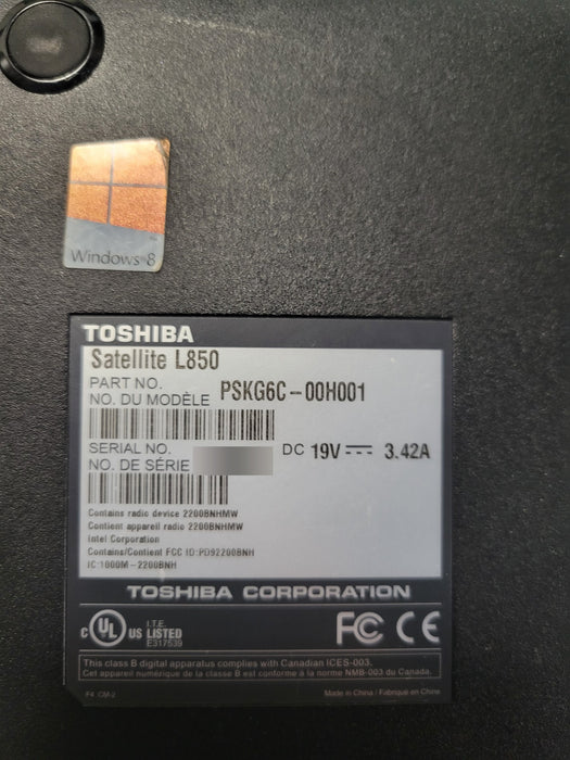 Toshiba Satellite L850 - Intel Core i5-3210M 6GB RAM No HDD 15.6"