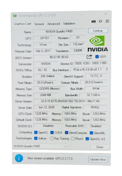 NVIDIA Quadro P400 2GB GDDR5 Graphics Card - Low Profile