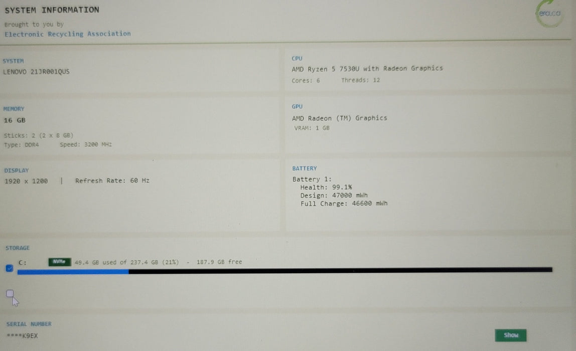 Lenovo ThinkPad E14 Gen 5 AMD Ryzen 5 7530U 16GB DDR4 256GB NVMe
