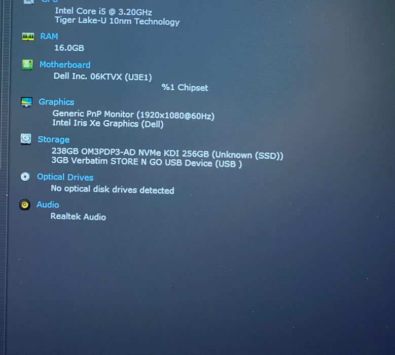 Dell Inspiron 15 5510 Intel Core i5-11320H 3.20GHz 16GB RAM 256GB SSD