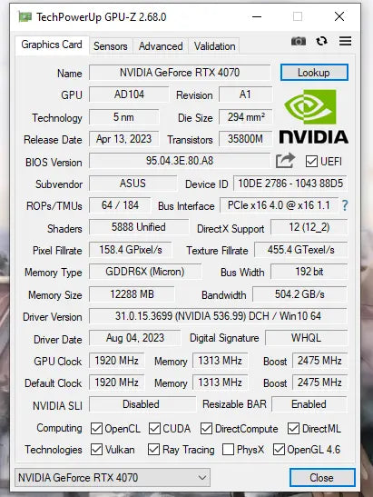 Asus Nvidia RTX 4070 12GB GDDR6X Dual Fan Graphics Card