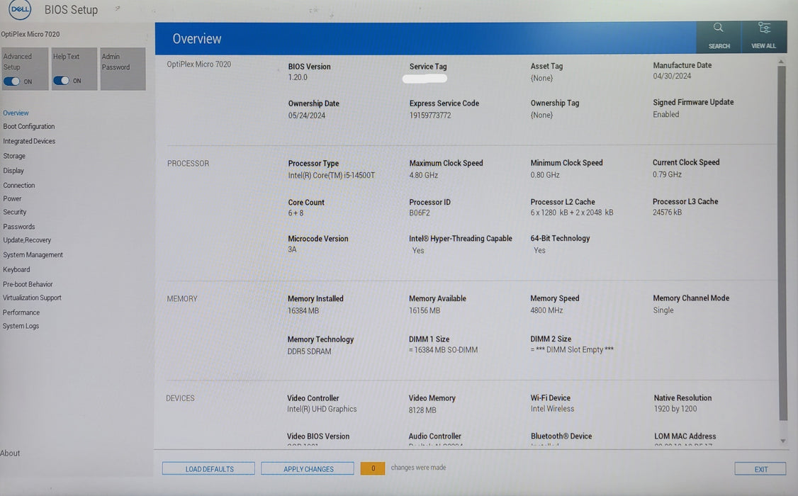 Dell OptiPlex 7020 Micro 14th Gen Core i5-14500T CPU 16GB DDR5 256GB NVMe