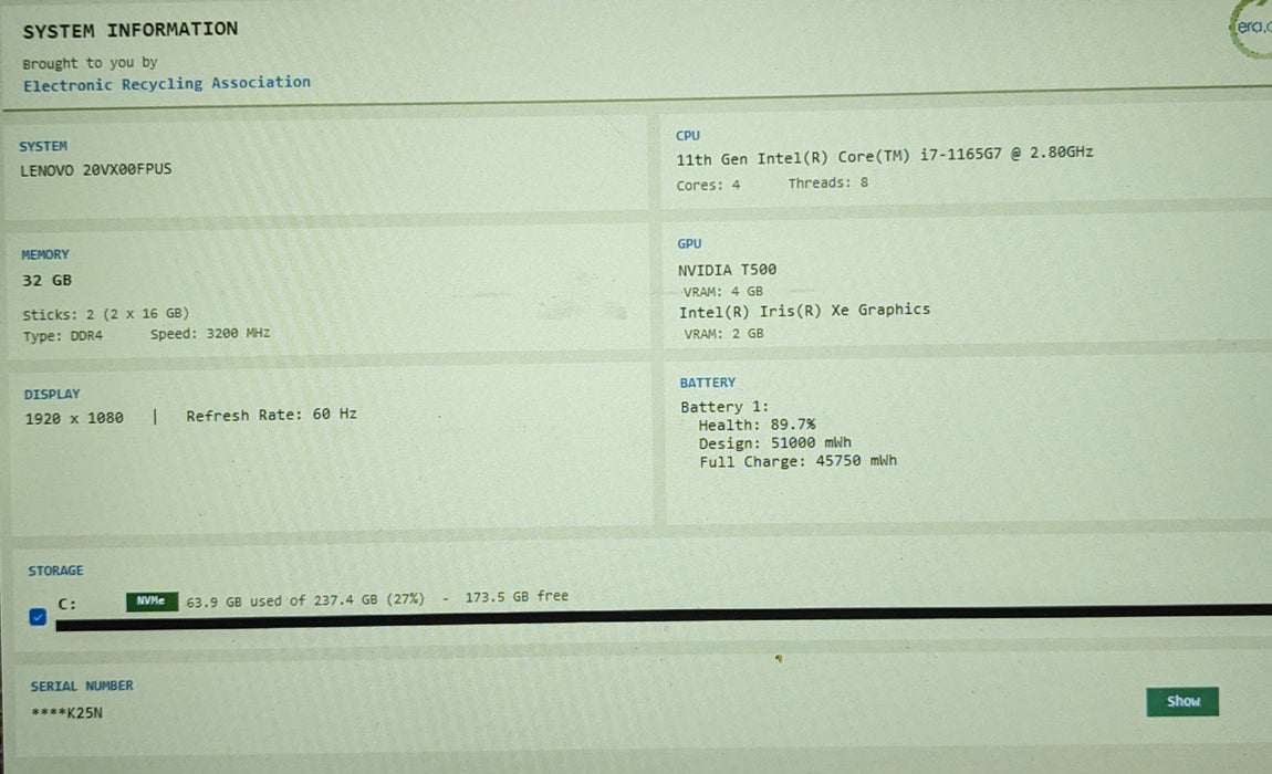 Lenovo ThinkPad P14s Gen 2 i7-1165G7 32GB DDR4 4GB T500 256GB NVMe