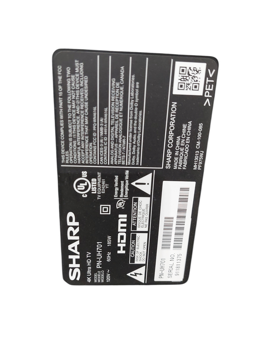 Sharp 4K Ultra HD TV 70" Model: PN-UH701 (Parts)