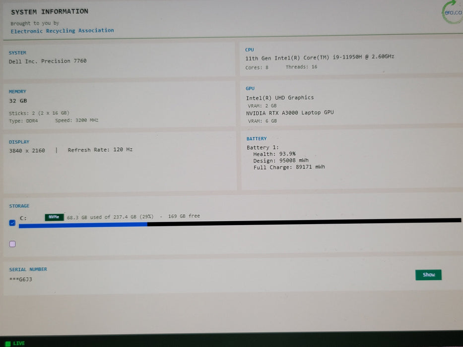 Dell Precision 7760 i9-11950H 32GB DDR4 RTX A3000 256GB NVMe 4K 120Hz READ