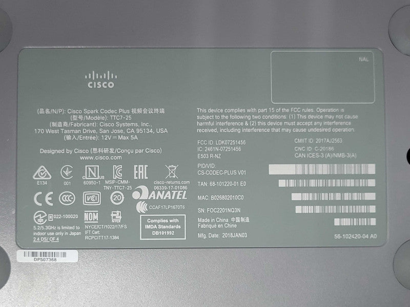 Cisco Spark Codec plus CS-Codec-Plus TTC7-25 w/ Power adapter _