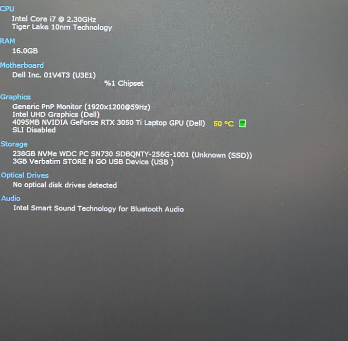 Dell XPS 15 9510 i7-11800H RTX 3050 Ti 4GB GPU 16GB RAM 256GB SSD READ!