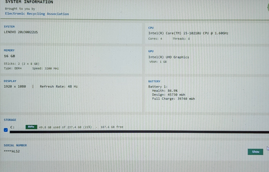 Lenovo ThinkPad L15 Gen 1 I5-10210U 16GB RAM 256GB SSD READ