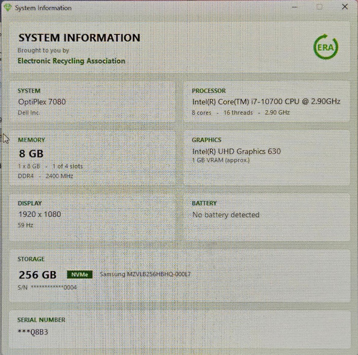 Dell OptiPlex 7080 Tower - Intel Core i7-10700 2.90GHz 8GB RAM 256GB NVMe SSD