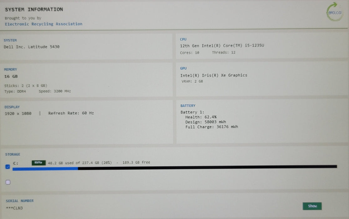 Dell Latitude 5430 i5-1235U 16GB DDR4 256GB NVMe SSD FHD READ