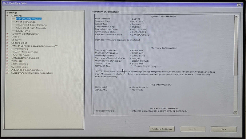 Dell OptiPlex 3070 USFF, i5-9500T 3.10GHz 6C, 8GB DDR4, 256GB NVMe, WiFi