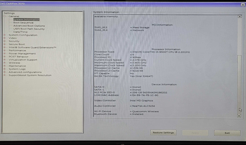 Dell OptiPlex 3070 USFF, i5-9500T 3.10GHz 6C, 8GB DDR4, 256GB NVMe, WiFi