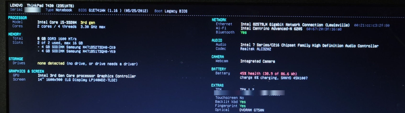 Lenovo ThinkPad T430 2351-AT8 - Core i5-3320M 8GB RAM No HDD 14" HD+ + PWR ADPTR