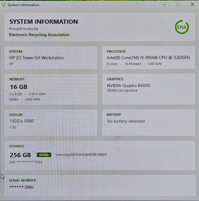 HP Z2 Tower G4 - Intel i9-9900K 16GB RAM 256GB SSD Quadro K4000, 650W PSU