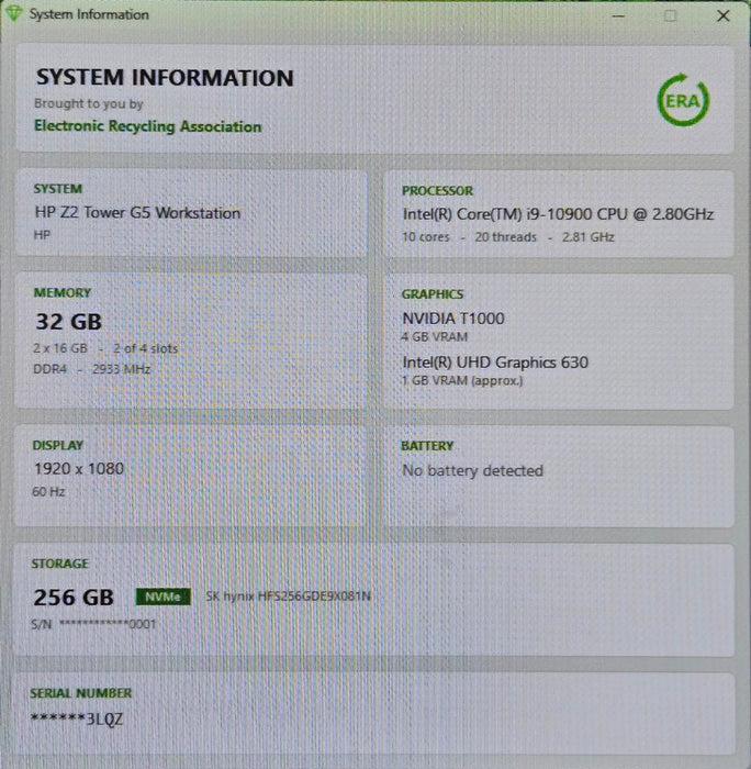 HP Z2 Tower G5 Workstation, Intel i9-10900 32GB RAM 256GB NVMe T1000, 700W PSU